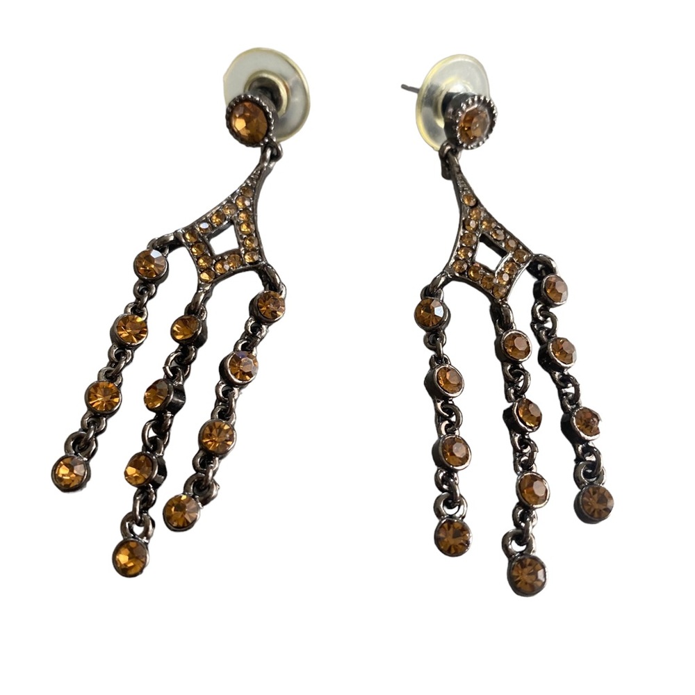 Vintage Gunmetal Gray and Amber Rhinestone Fringe Drop Earrings